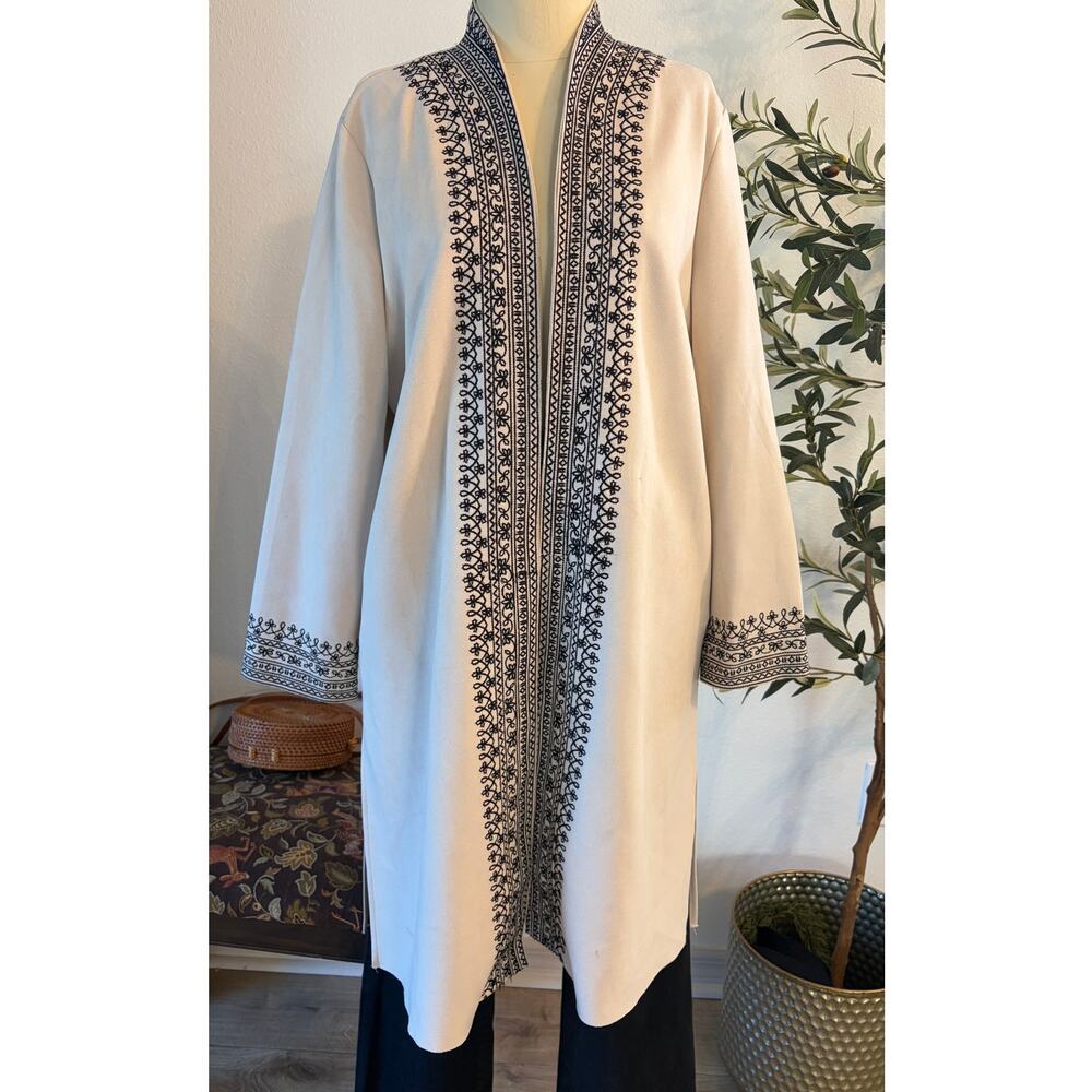 Solitaire Women's XL Embroidered Open Front Duster Cardigan Beige Black Boho